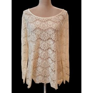 Maurices Womens Size 2x Ivory Floral Lace Long Sleeve Keyhole Back Blouse Top